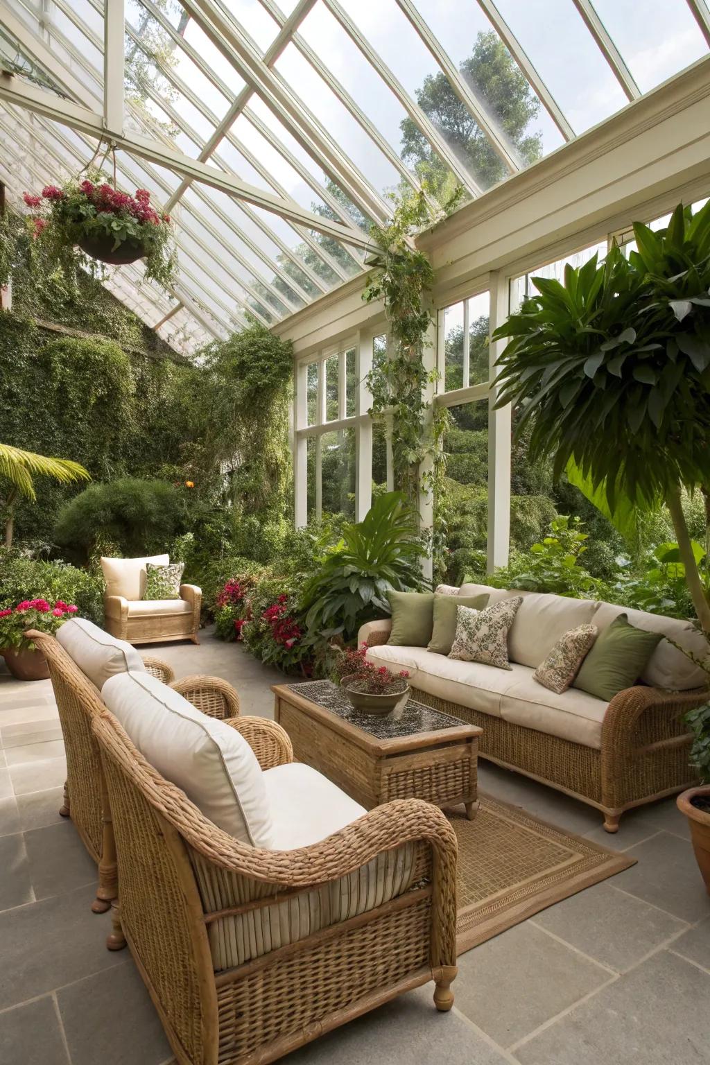 An inviting seating scheme in a sunroom featuring plush sofas and wicker chairs.