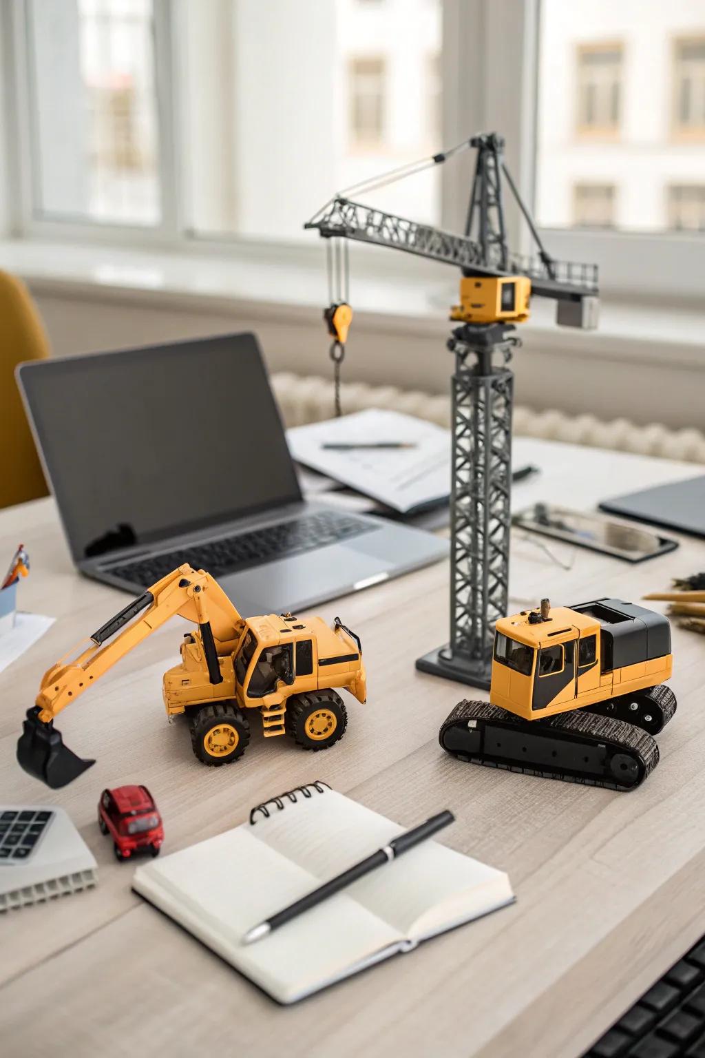 Small-scale models of construction vehicles adding charm to an office work table.