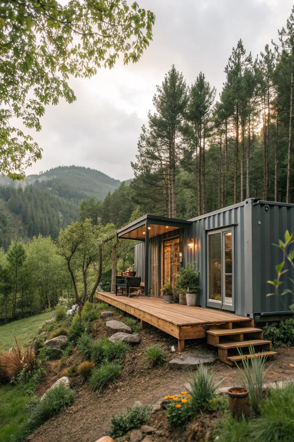 A container home seamlessly integrated into its natural surroundings.