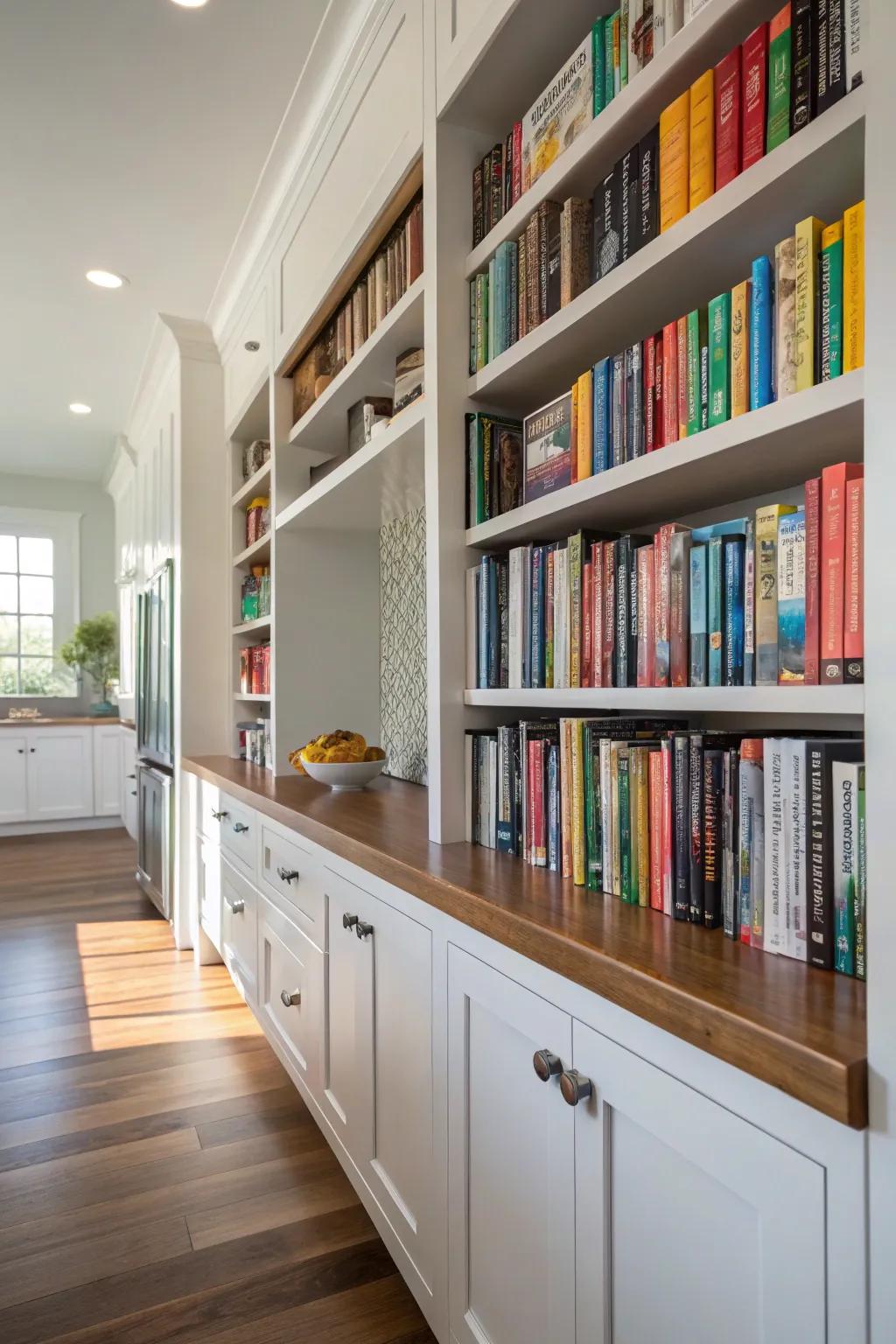 Custom integrated shelves produce a cohesive design for storing cookbooks.