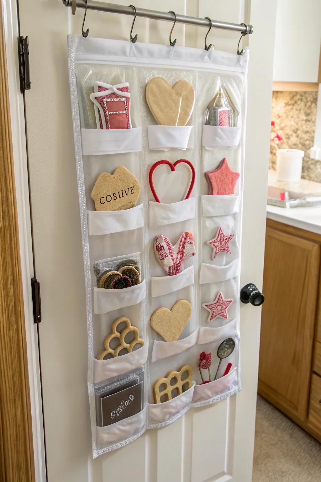 A hanging organizer holding cookie cutters in see-through pockets.