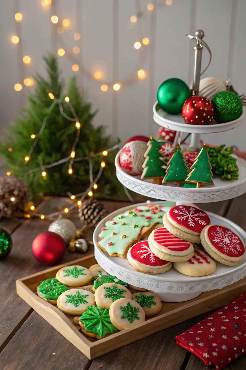 Cookies dressed for the holidays with festive colors.