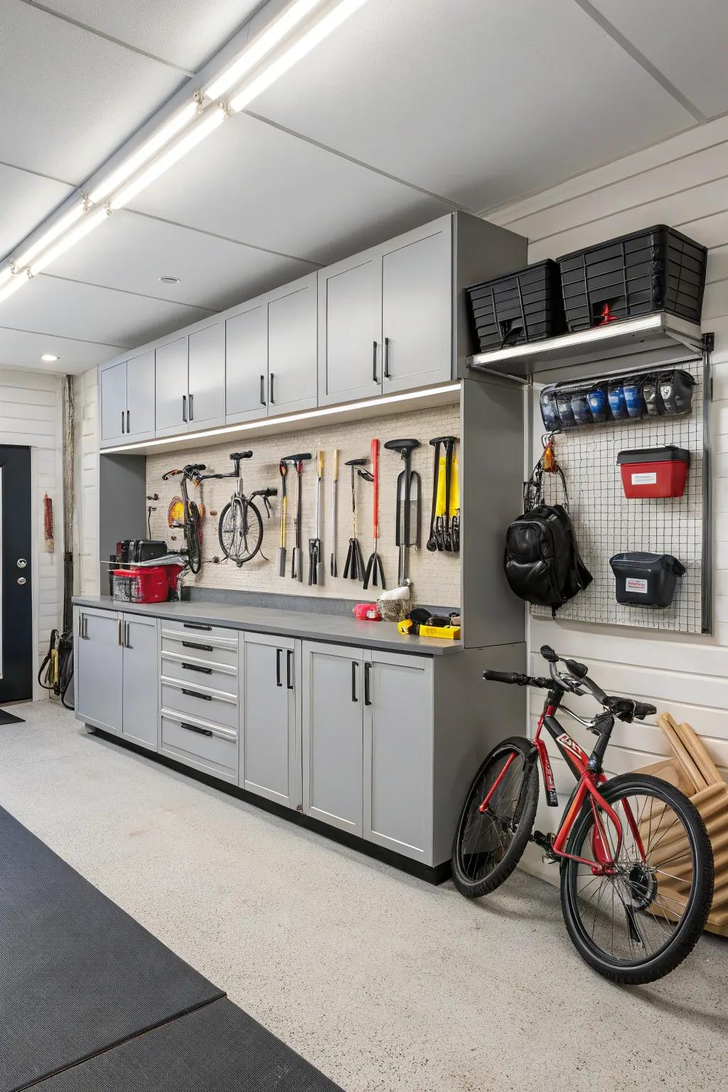 Integrated storage turns your garage into a tidy and effective area.