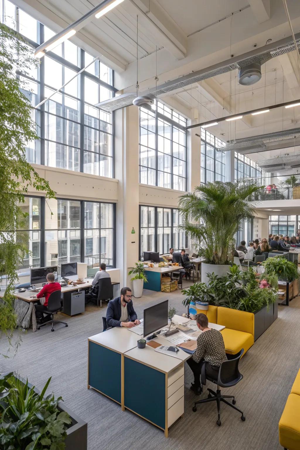 Open-concept office promoting teamwork and flexibility.