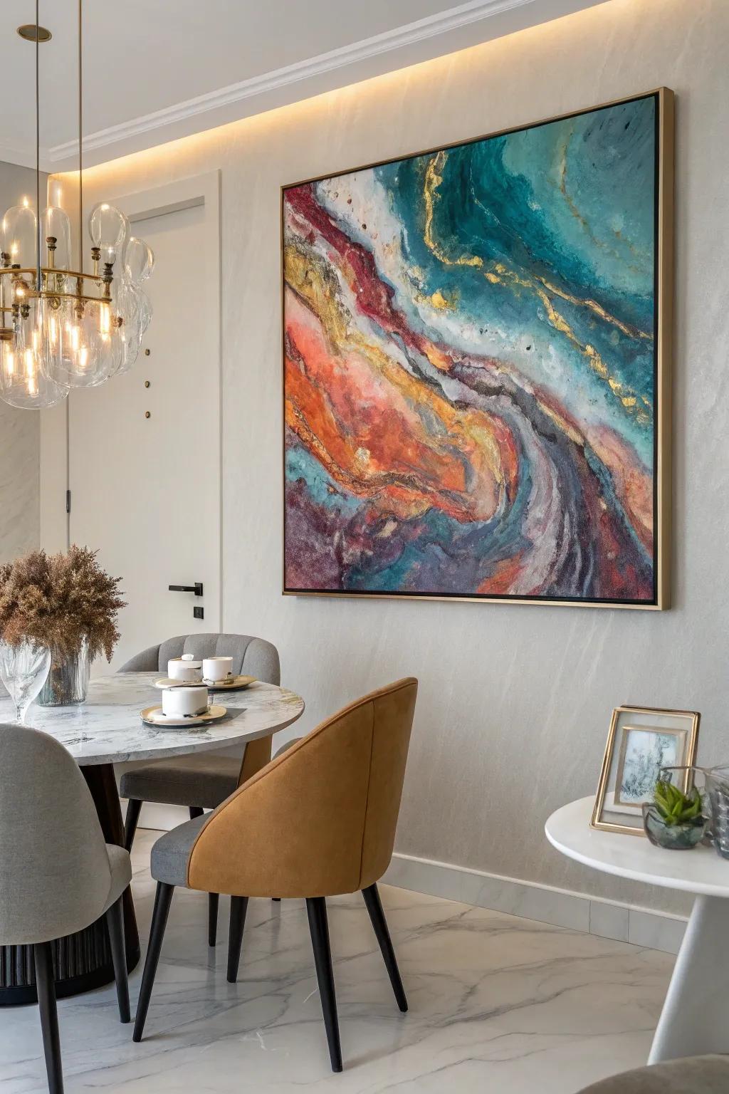 Abstract flowing composition introduces a burst of color and ingenuity to any space.