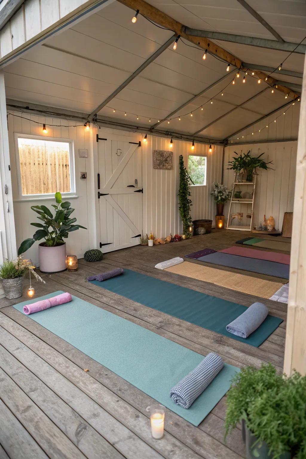 Attain serenity in a calm shed yoga area.