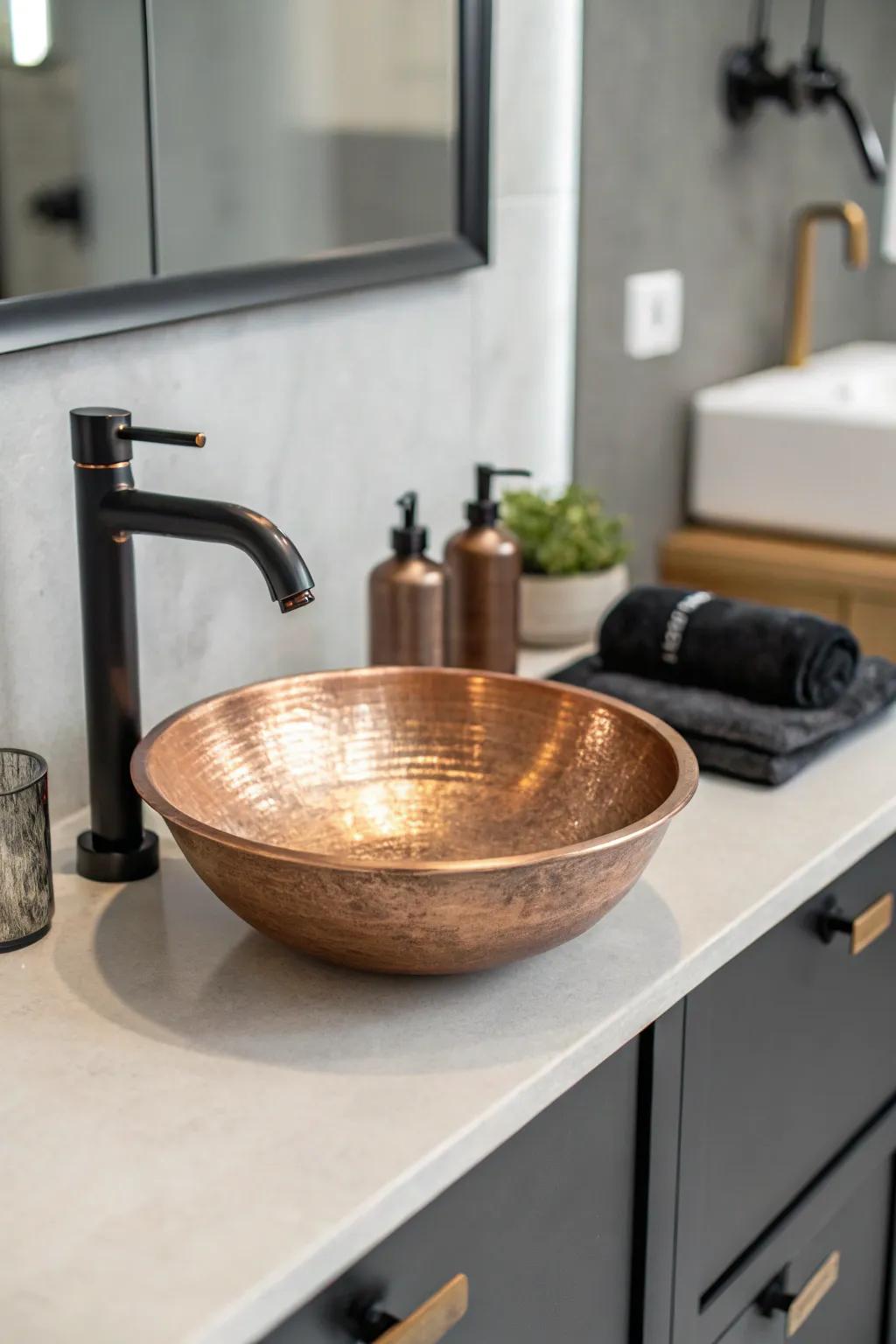 Metallic basins infuse a hint of refinement and individuality into bathroom vanities.