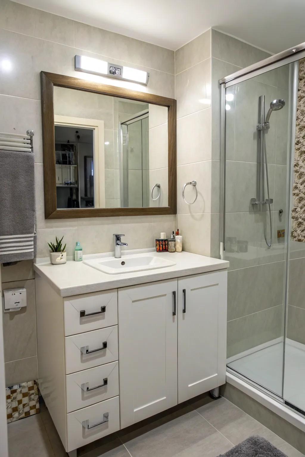 A corner vanity unites practicality with elegance.