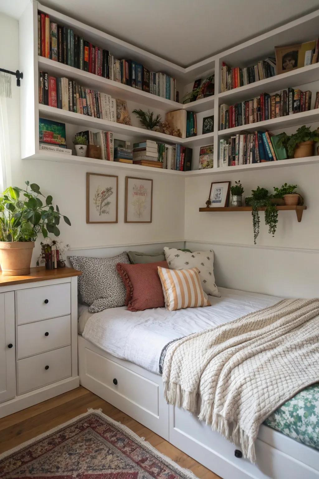 Installed shelves bring both storage and design flair above a corner bed.