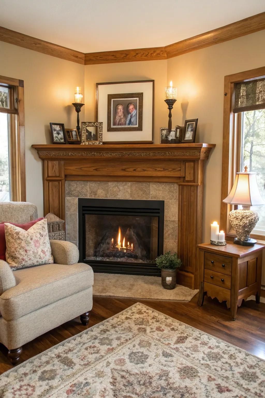 Classic wooden mantelpiece accentuating a traditional corner fireplace.