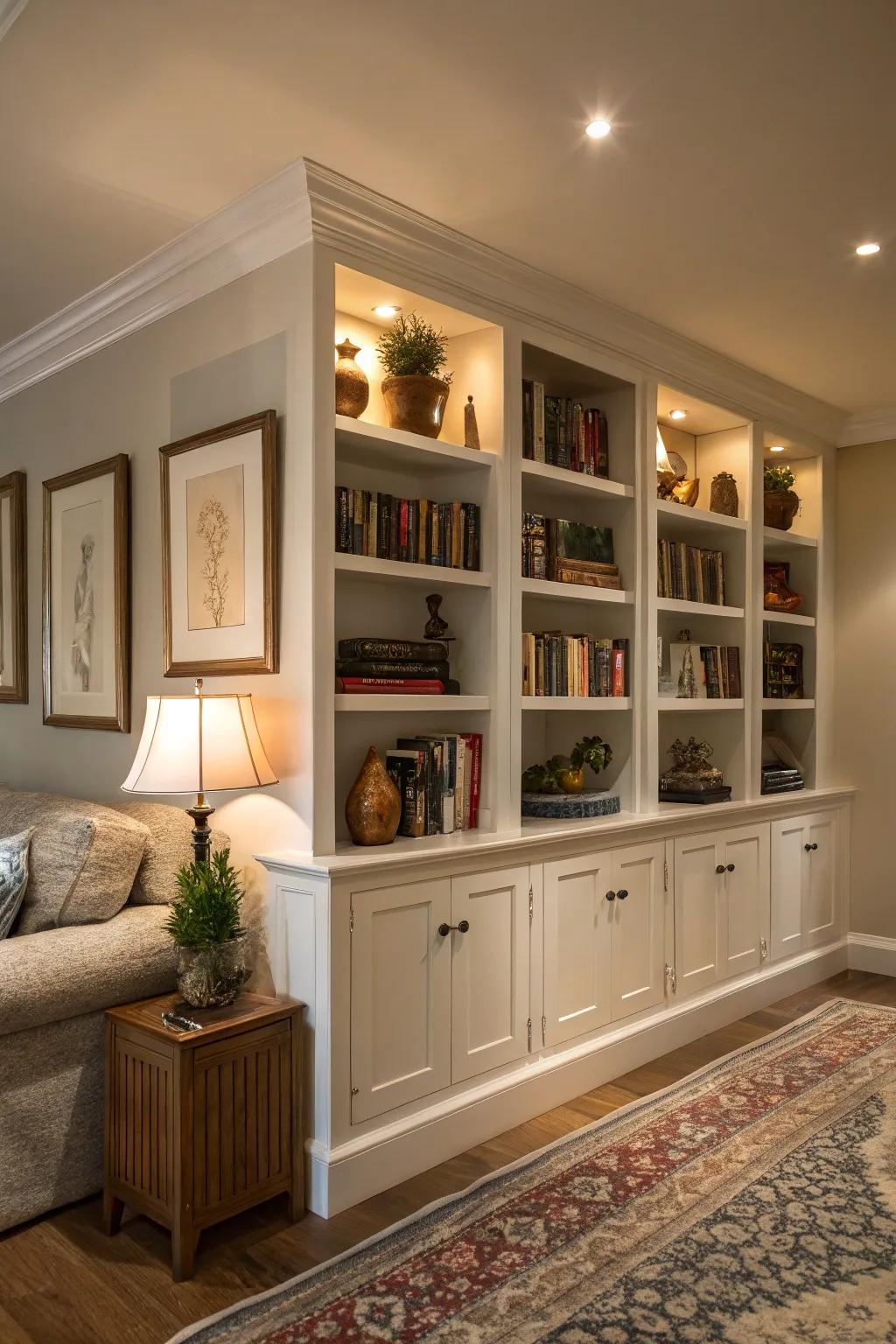 Built-in shelves in the corner provide the ideal combination of practicality and beauty.