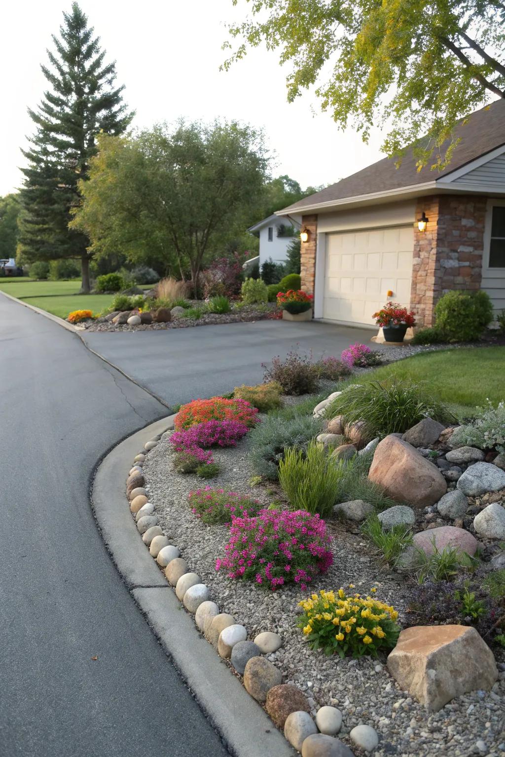 Exquisitely landscaped boundaries surrounding a driveway.