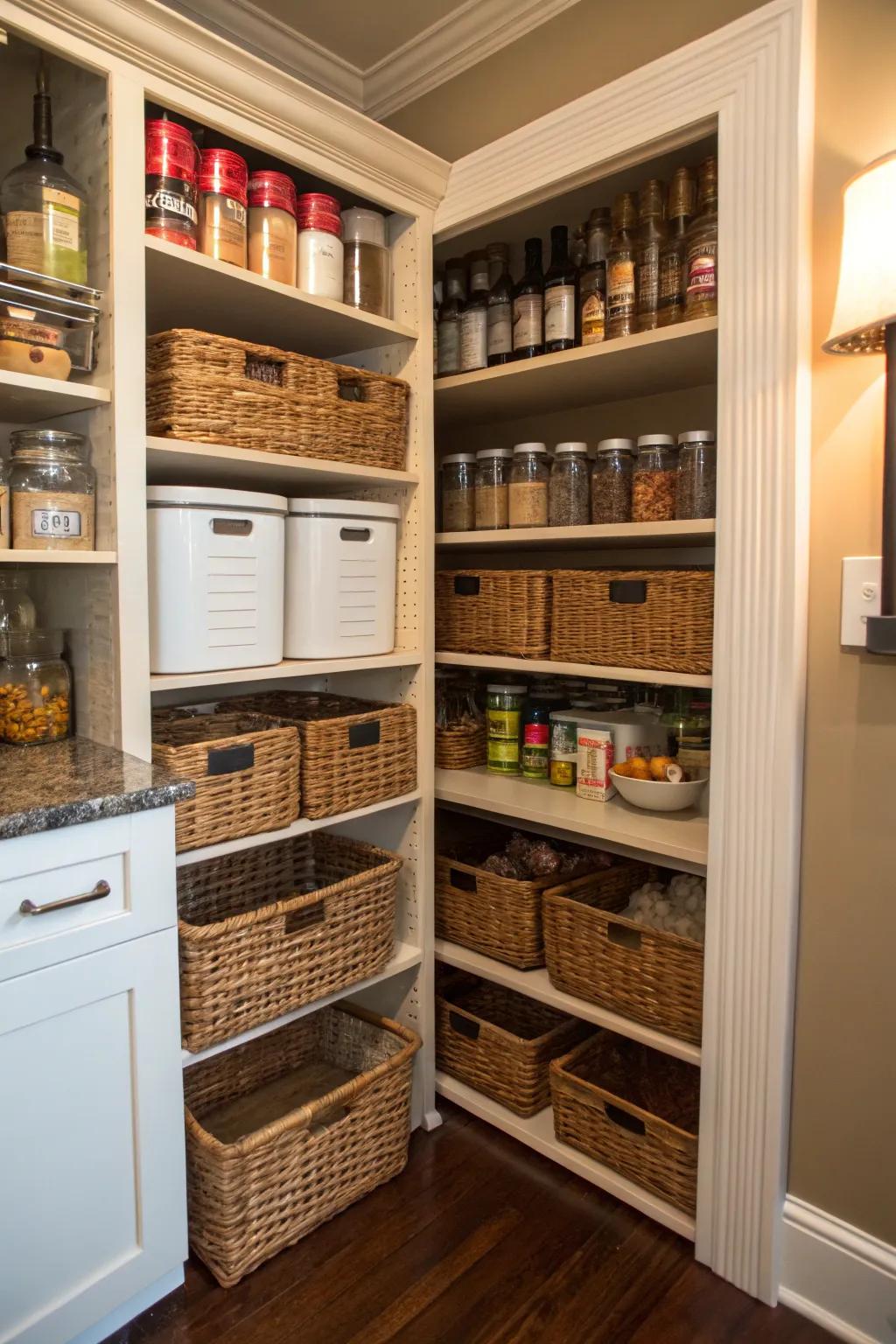 A corner pantry decorated with charming woven baskets.