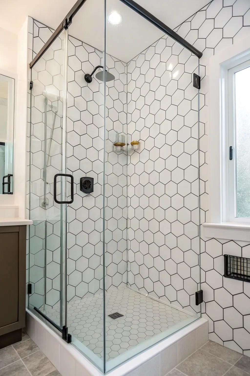 Hexagonal tiles contribute a contemporary geometric charm to your shower space.