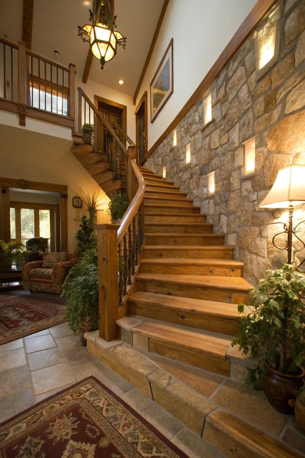 Organic materials bring an inviting vibe and texture to the corner stairs.