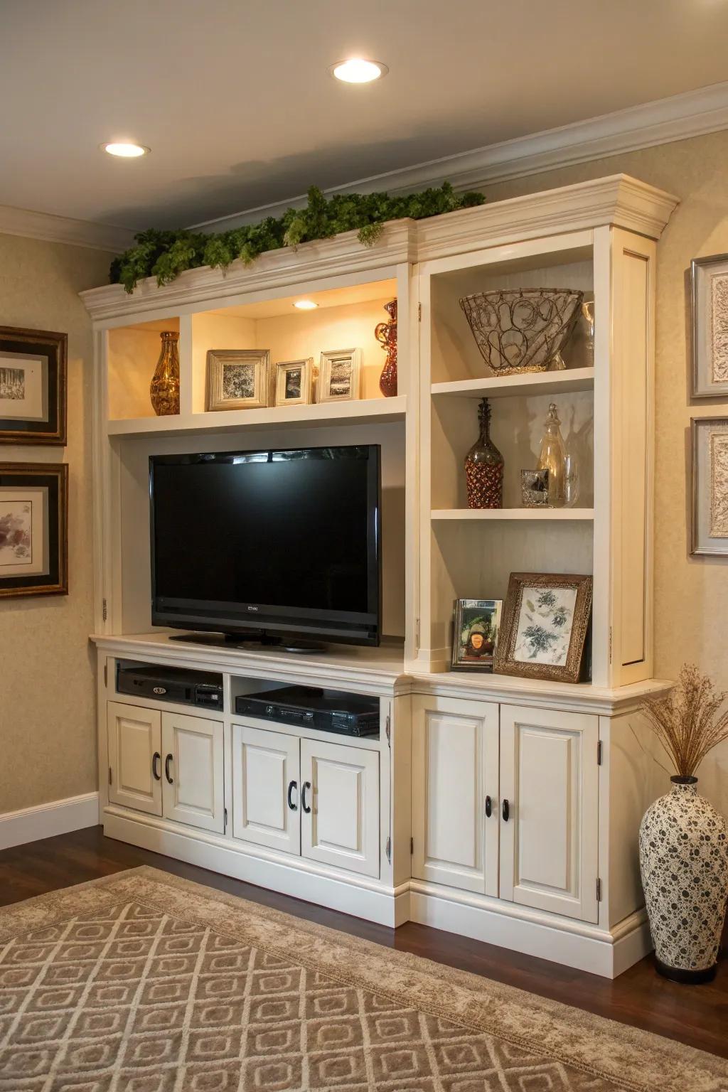 An entertainment center that transforms a corner into a versatile media hub.