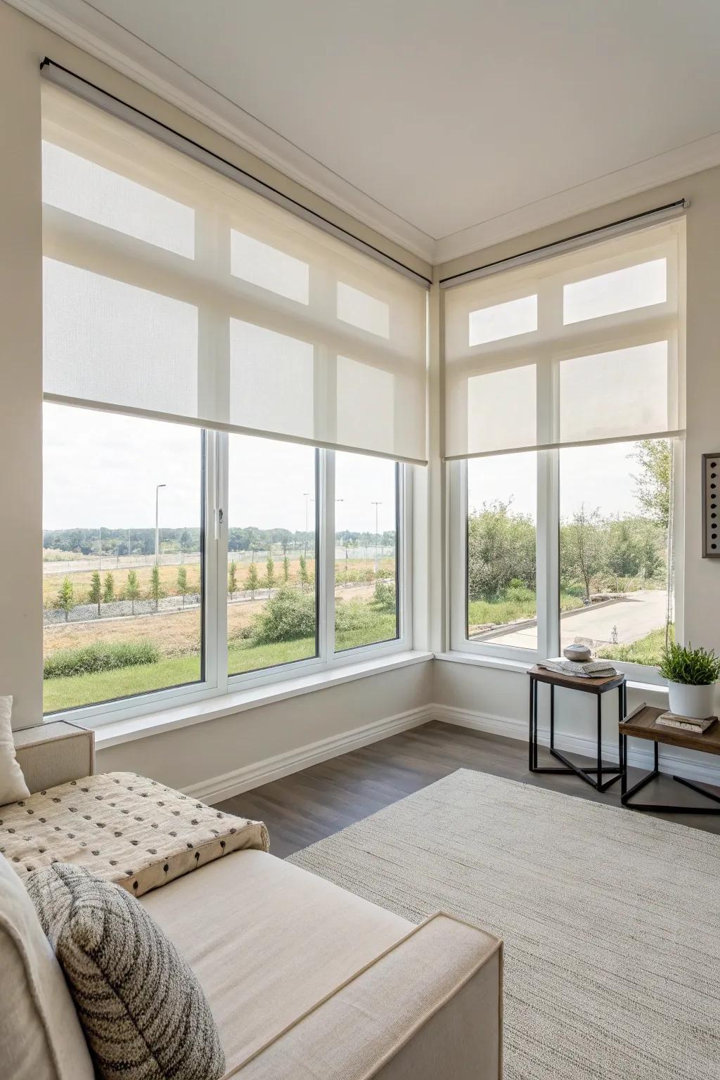 Sleek window blinds lending a modern impression.