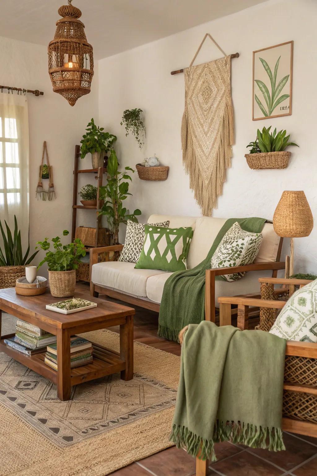 A peaceful living area presenting a calming natural color scheme.