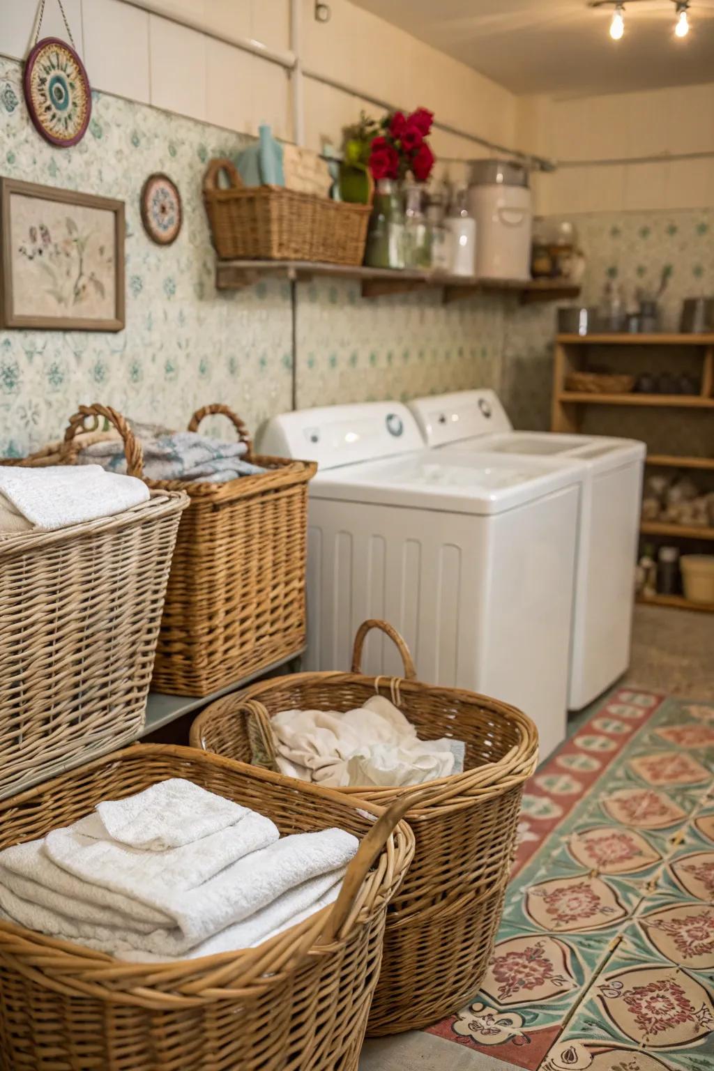 Rattan containers provide both style and practicality.