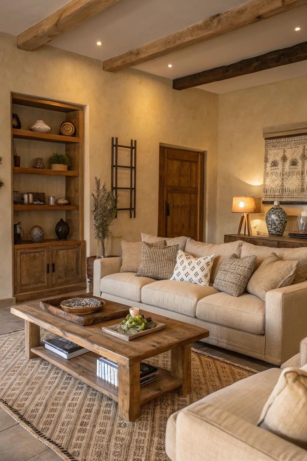 Earthy tones create a calming environment in the living room.