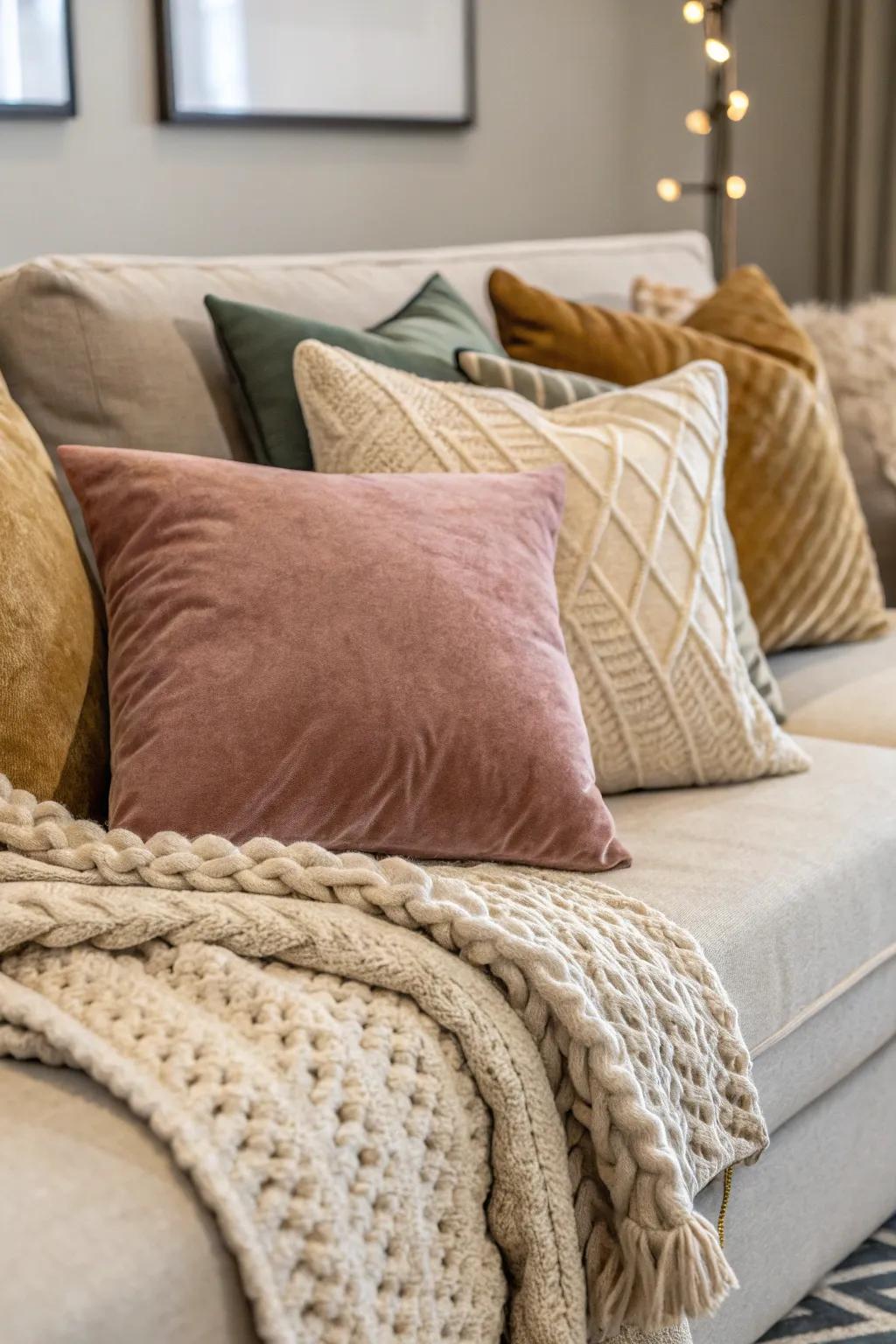 A blend of materials brings depth and warmth to the sofa.