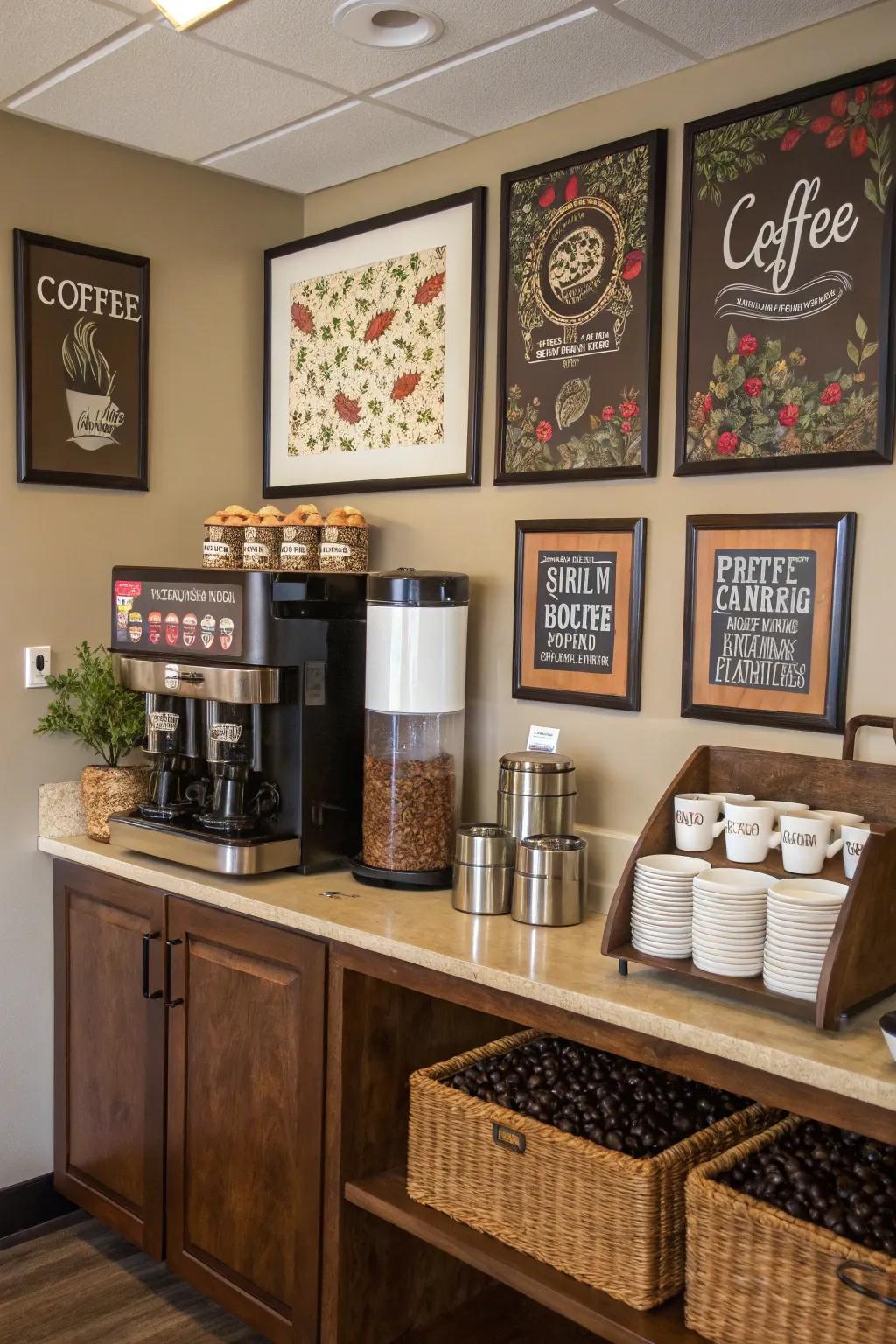 Incorporate art into your coffee station for a creative atmosphere.