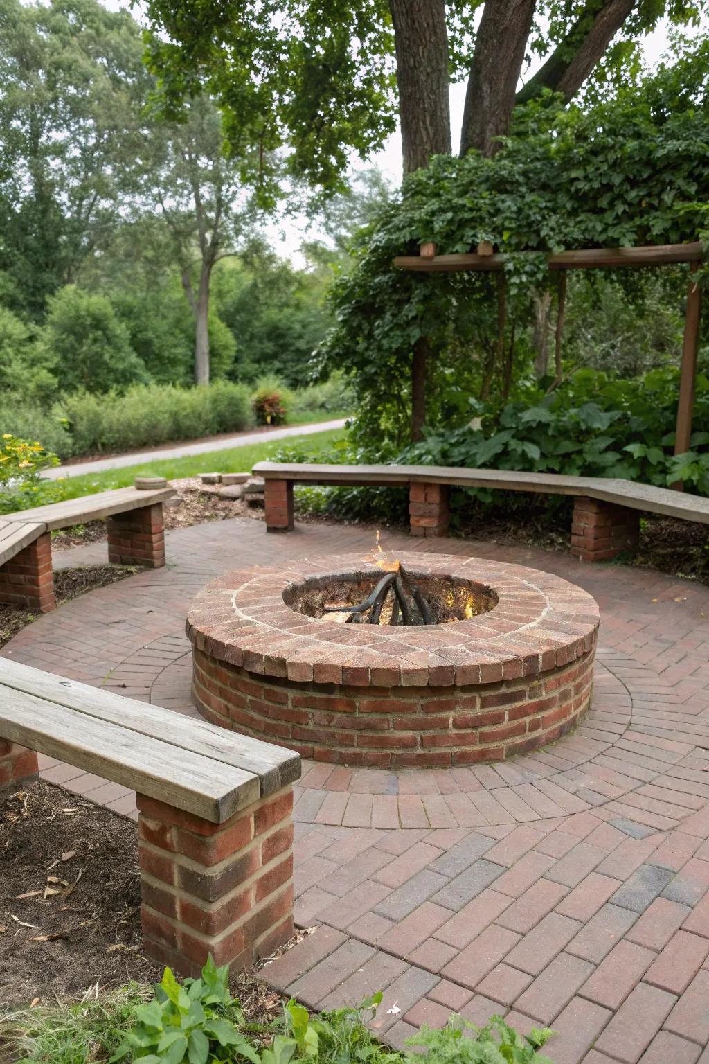 Bricks and wood combine wonderfully to fashion a delightful simple fire pit.