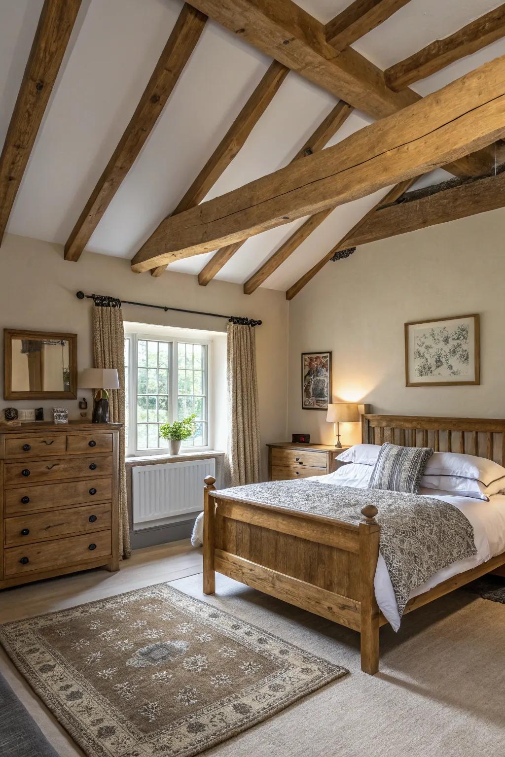 Unrefined timber components offer warmth and uniqueness to the bedroom.