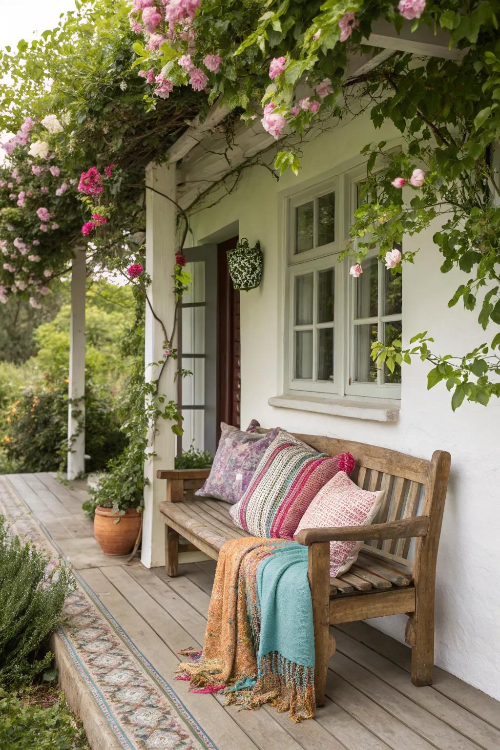 Comforting fabrics adorn a wooden bench on a farmhouse veranda.