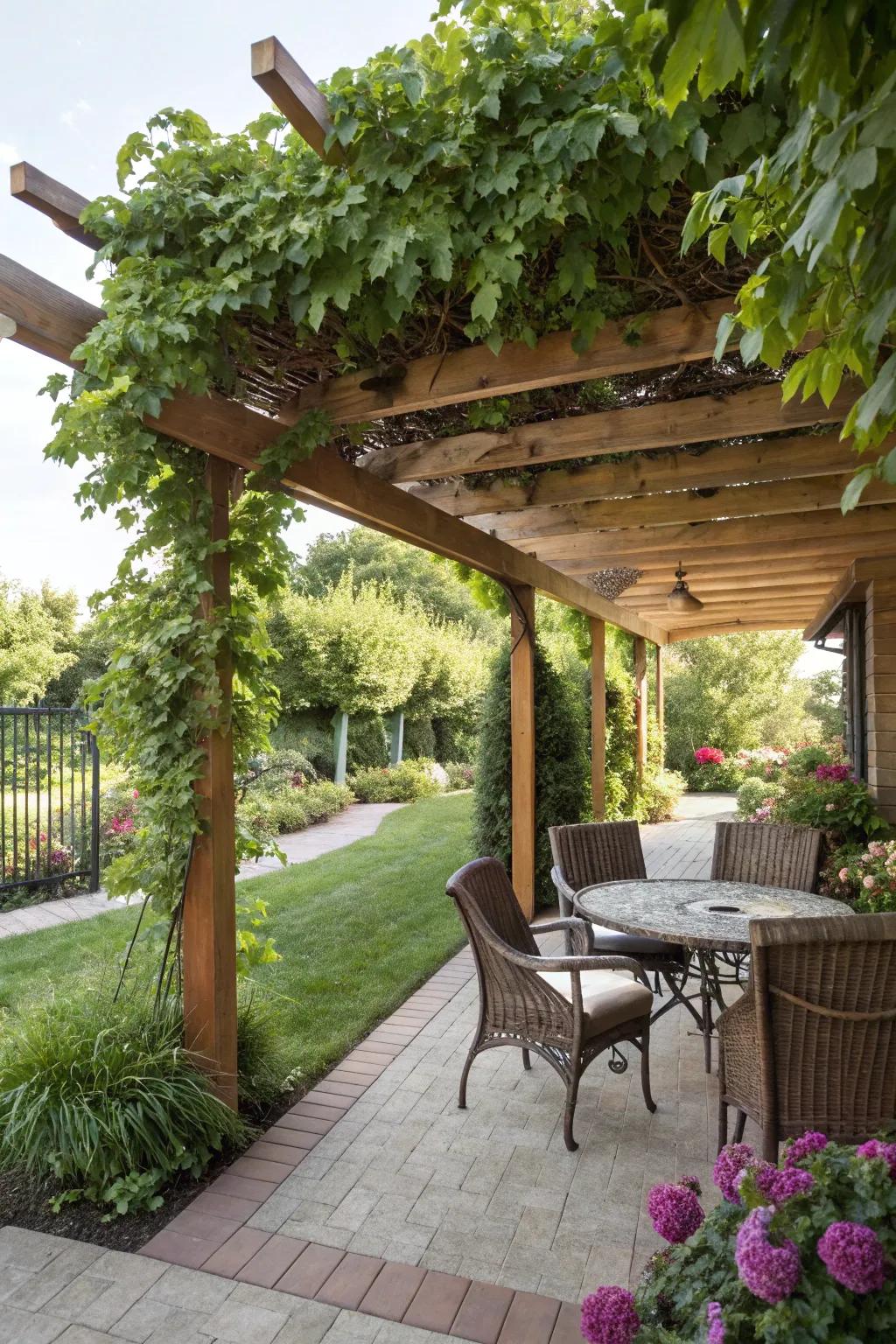 A pergola with climbing vines offers a natural, shaded retreat.