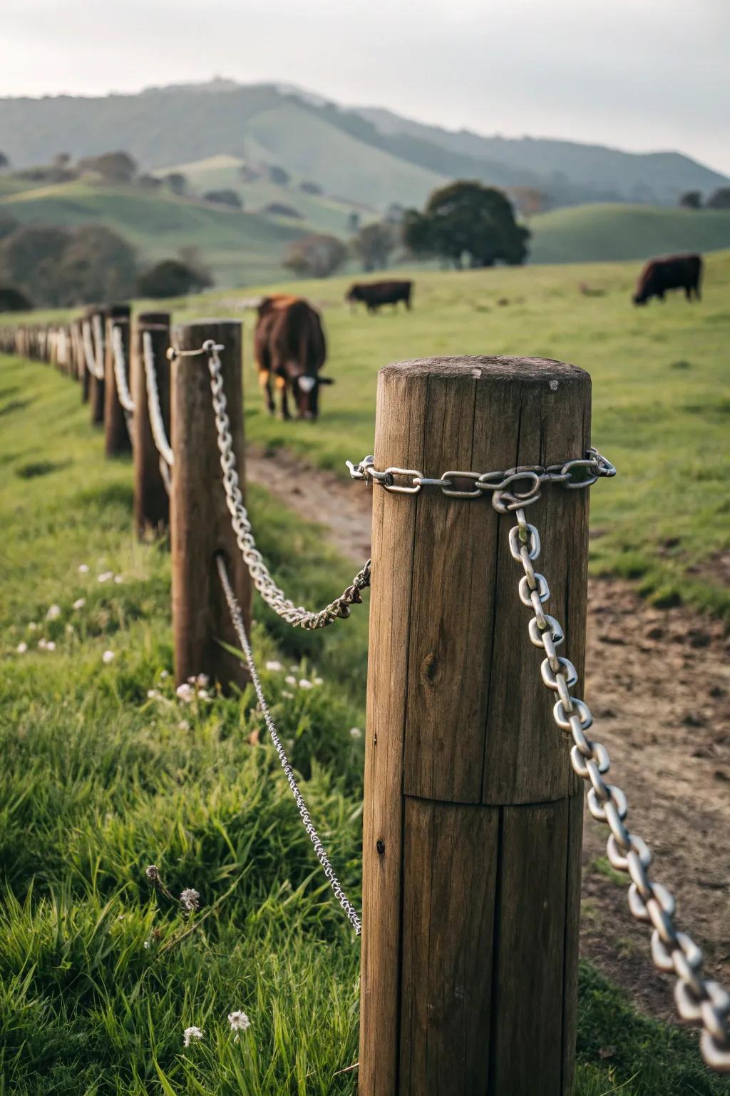 Cylindrical lumber and chain link evoke a warm, rustic atmosphere.