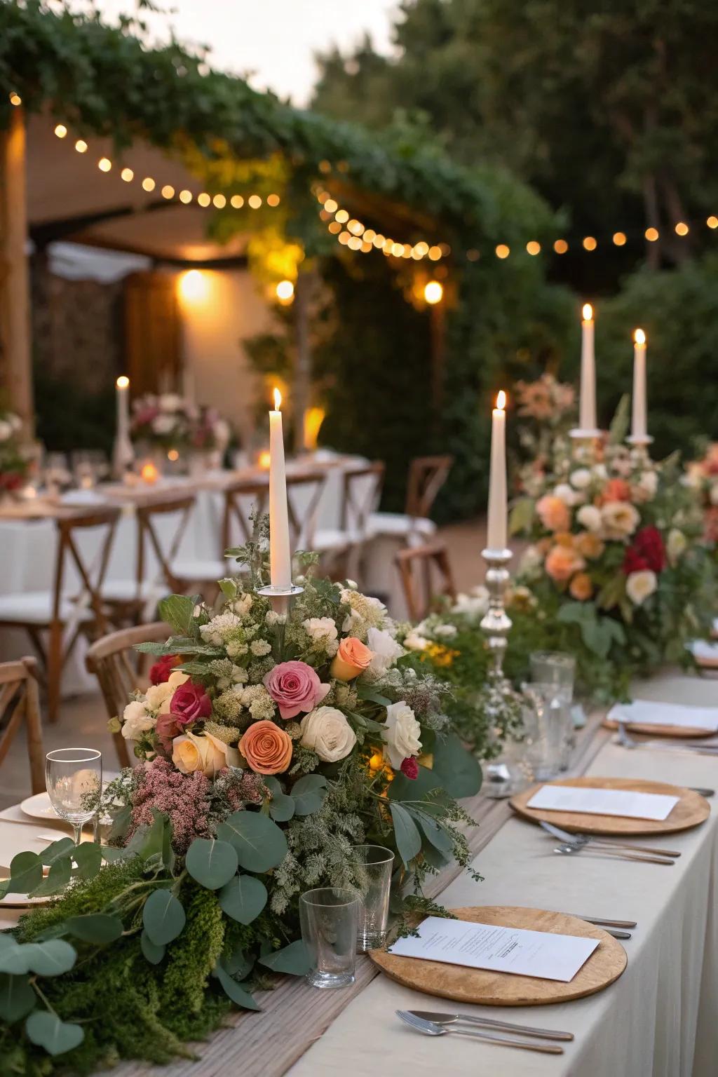 Wedding tables embellished with lavish blossom and foliage compositions.