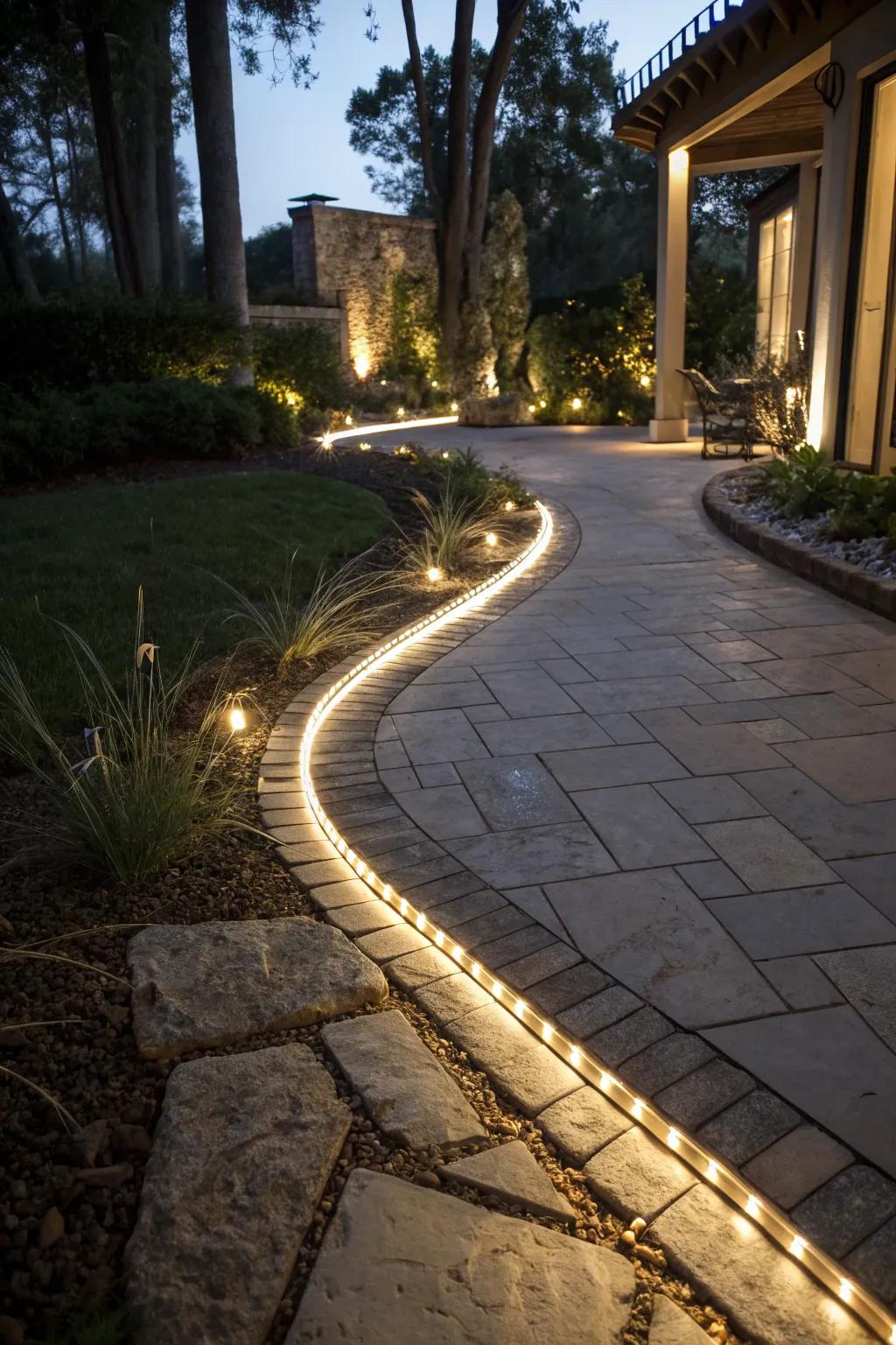 LED ribbon lighting gracefully emphasizes a patio path.