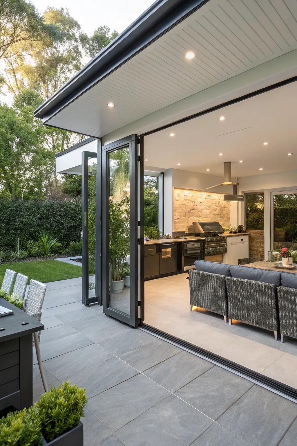 Bi-fold doors blend indoor and outdoor cooking spaces beautifully.