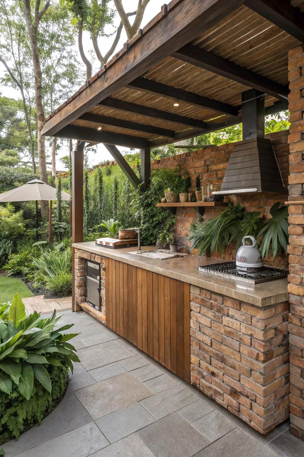 A welcoming natural cooking area featuring wood and brick details adds warmth to your deck.