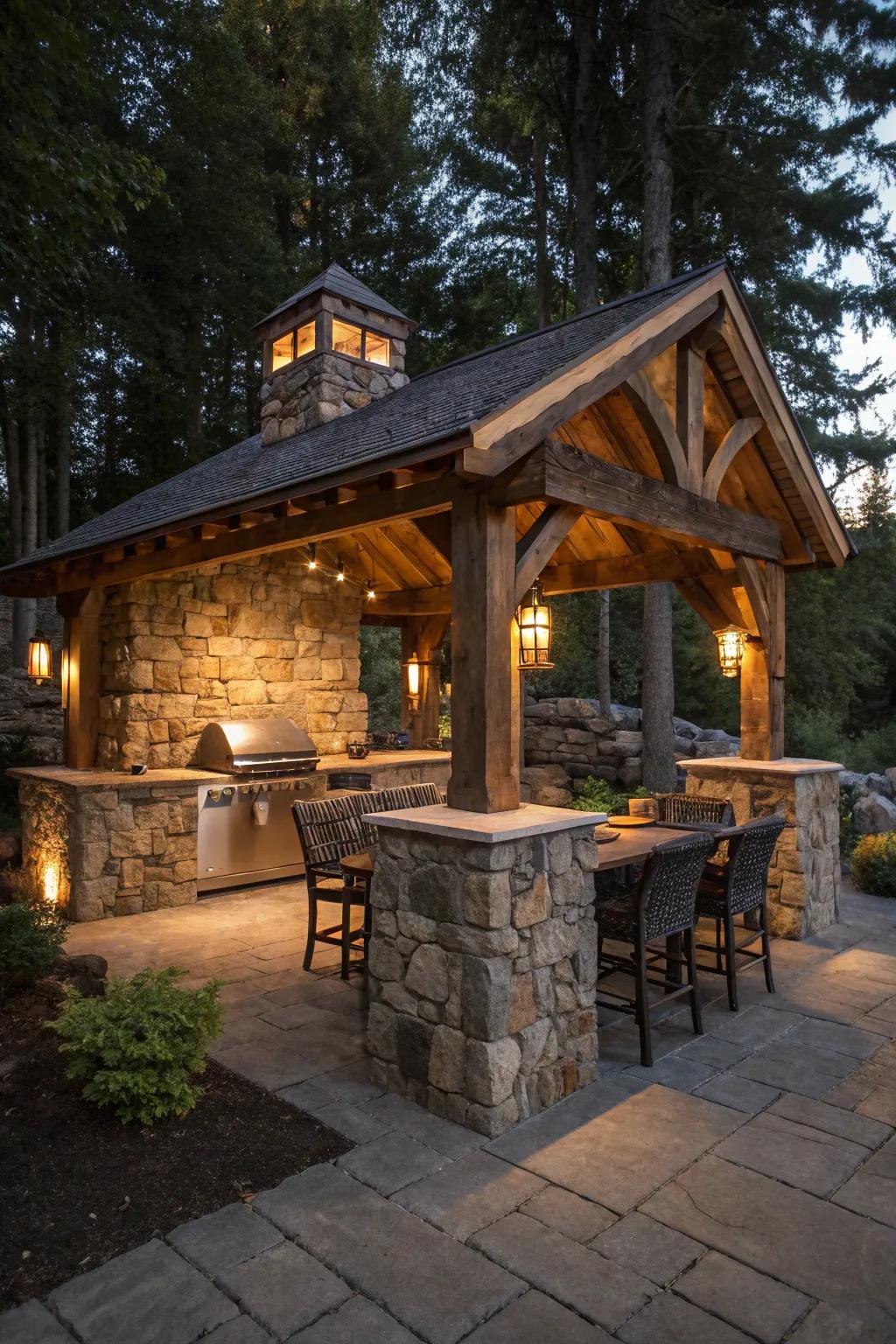A stone and wood fusion shelter crafting a country-chic grilling corner.