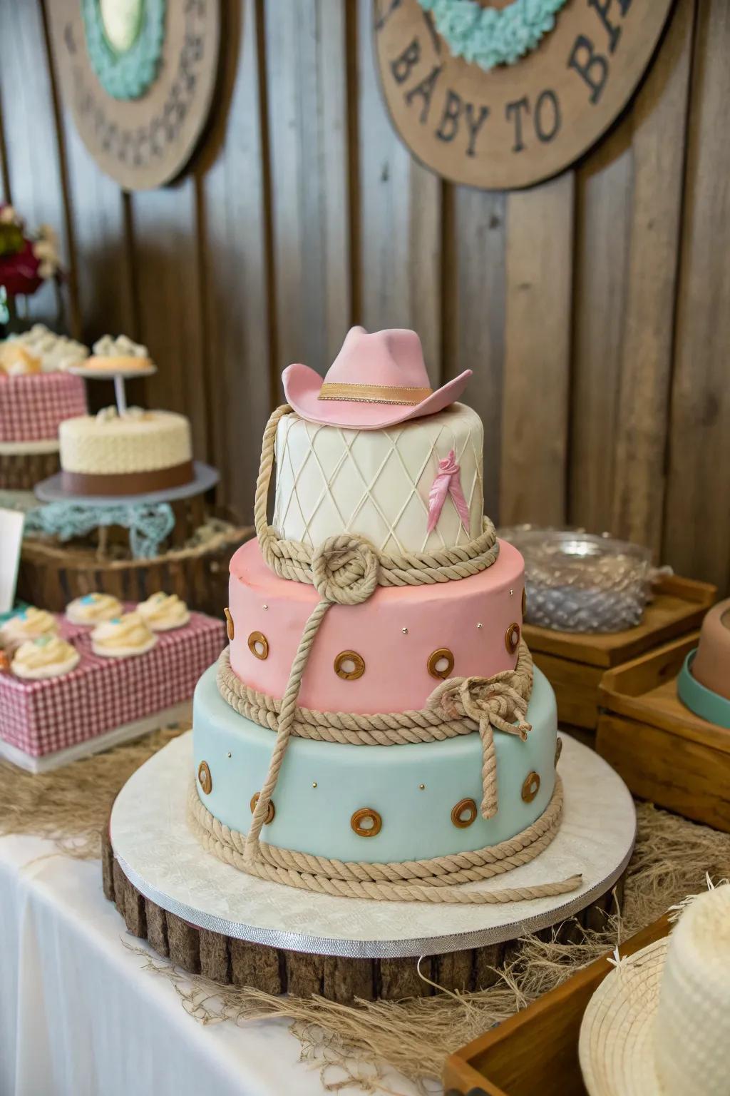 Western-themed decorations contribute an enchanting touch to this baby shower cake.