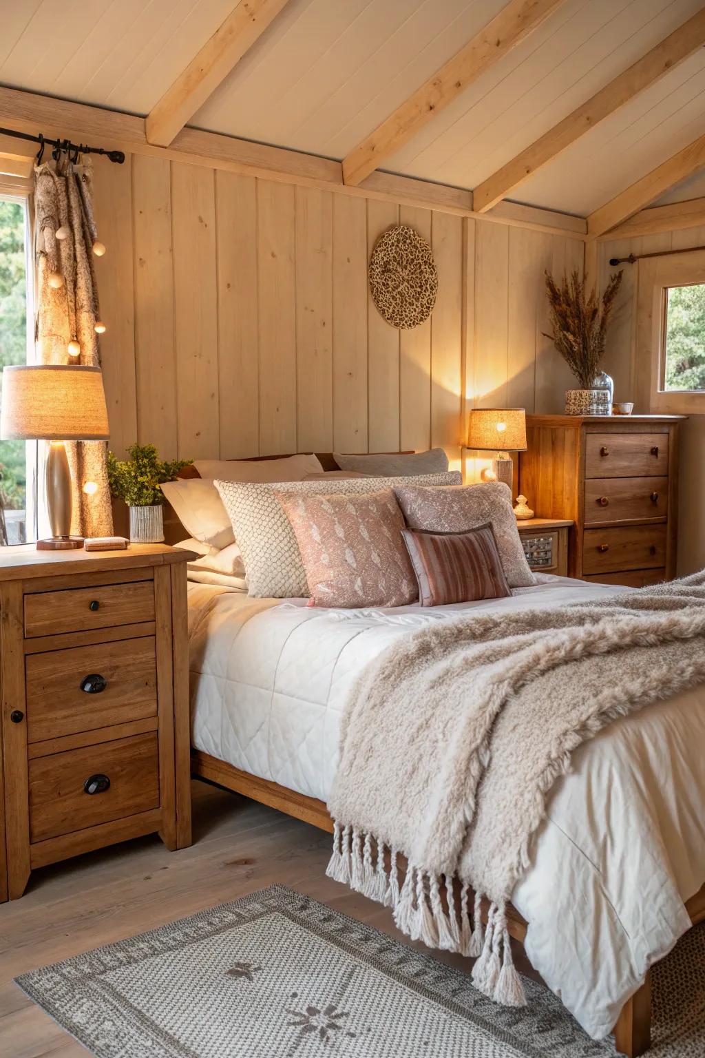 A bedroom featuring radiant timber furnishings and an environment that's pleasantly cozy and inviting.