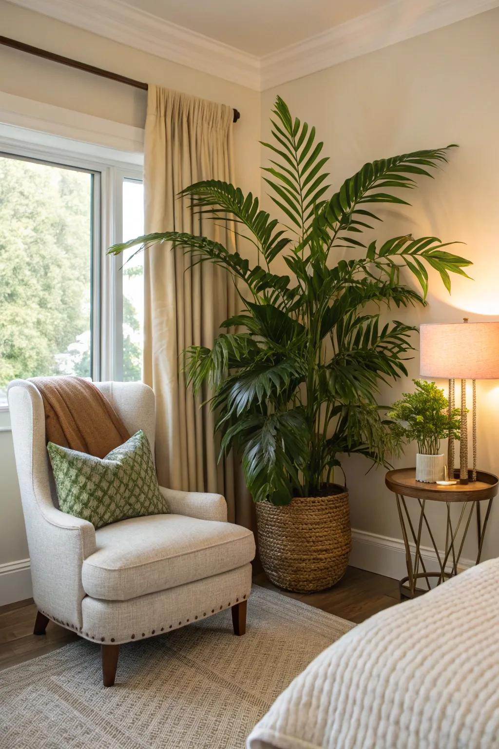 Any bedroom corner gains boldness and greenery from a statement plant.