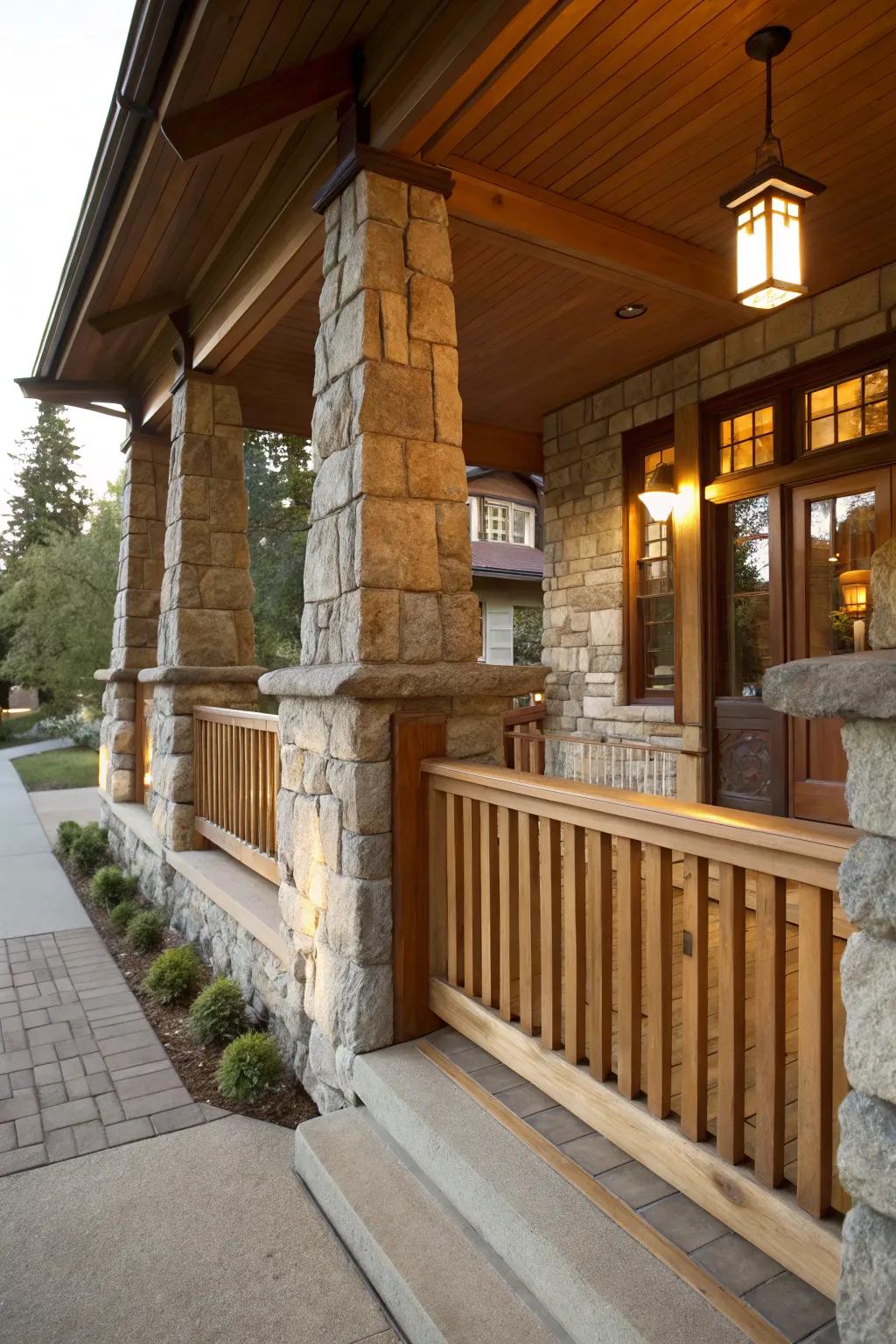 The Craftsman porch's stone and wood combine to create a unified appearance.