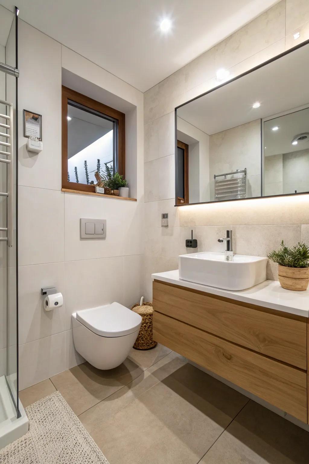 A bathroom featuring floating fixtures to maximize space.