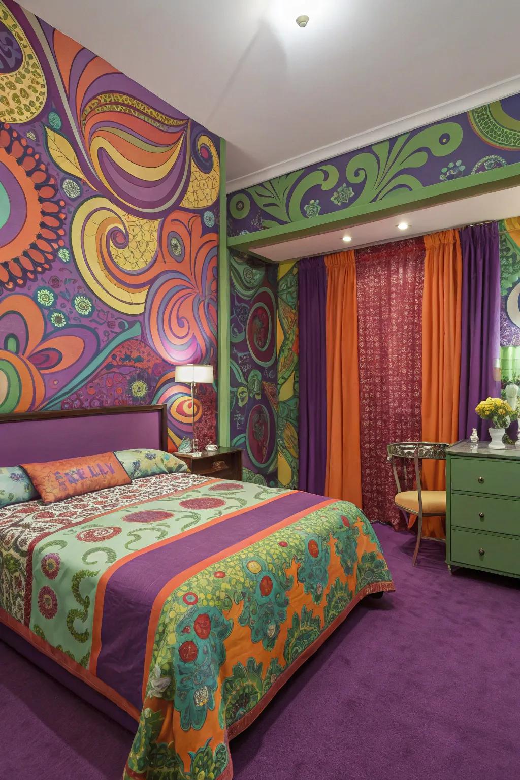 A psychedelic bedroom with vibrant colors and retro designs.