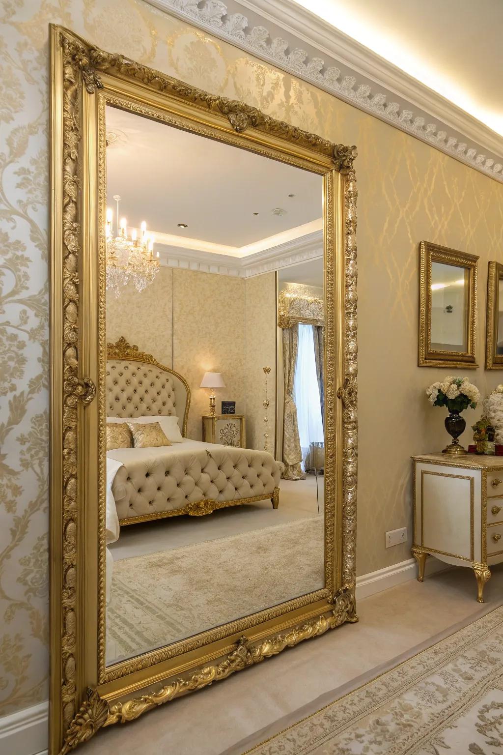 Mirrors with gold frames introduce dimension and elegance to the area.