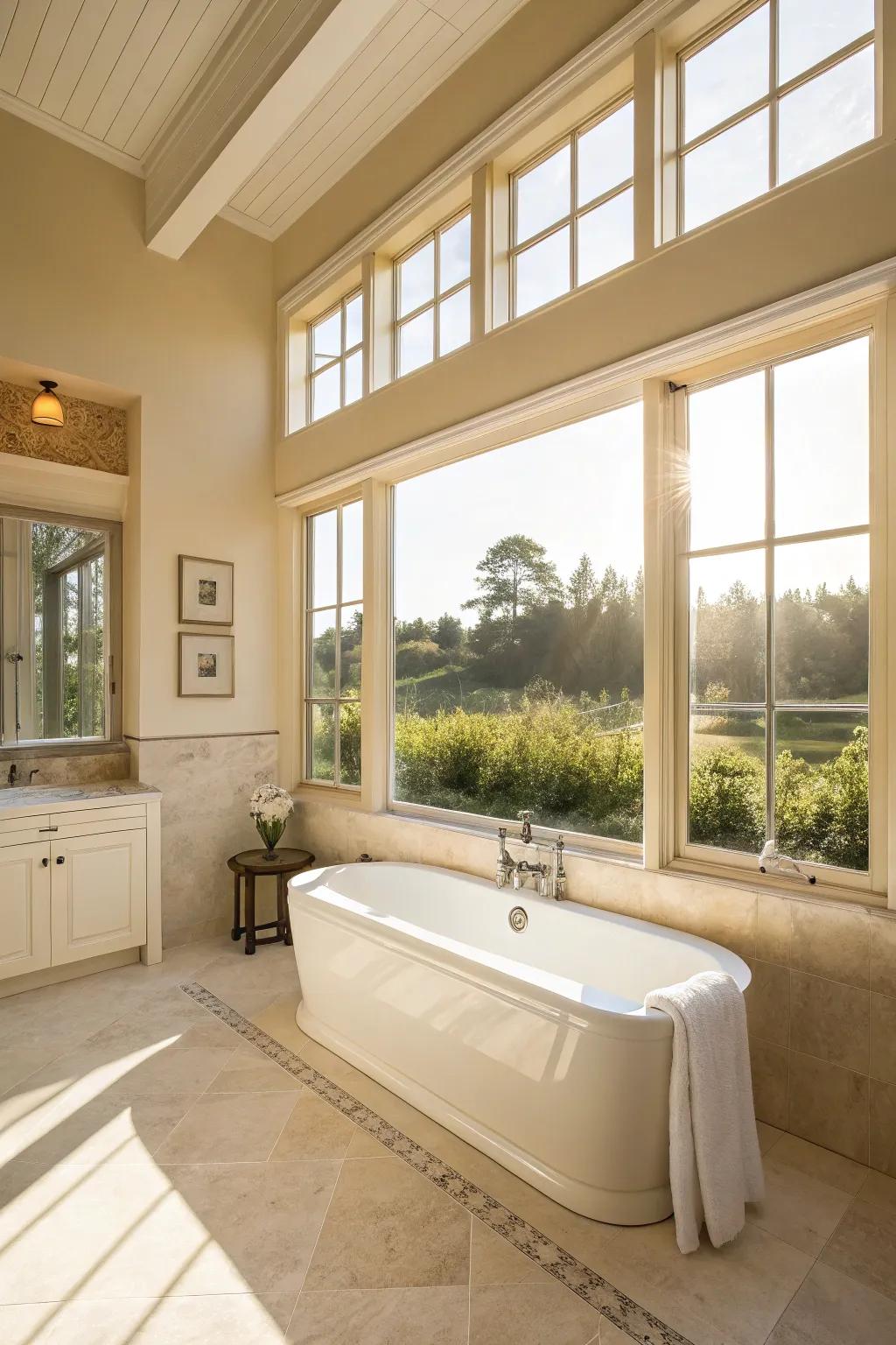 Sunlight wonderfully enhances the cream undertones within this bathroom.