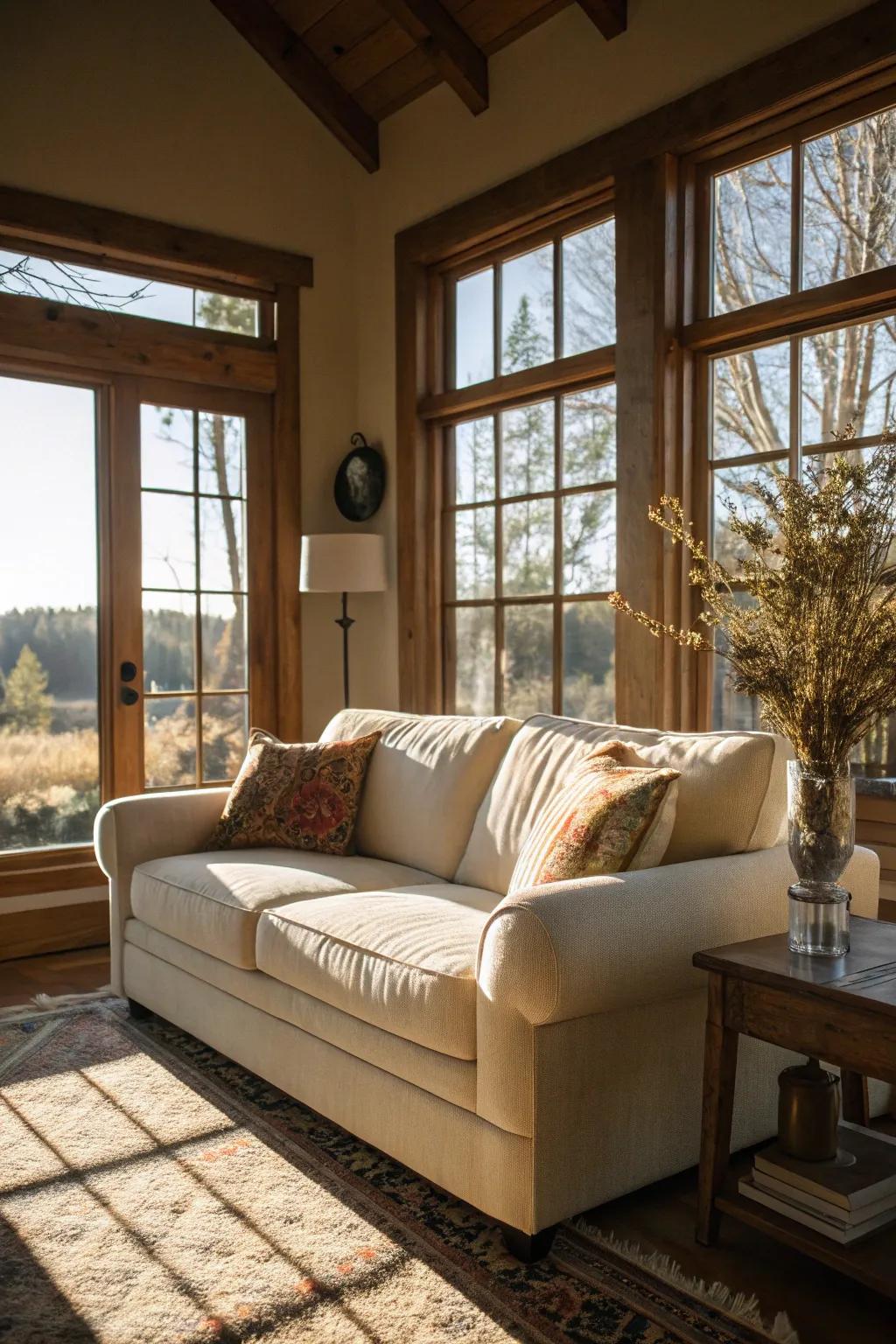 Natural light enhances the inviting charm of a vanilla sofa.