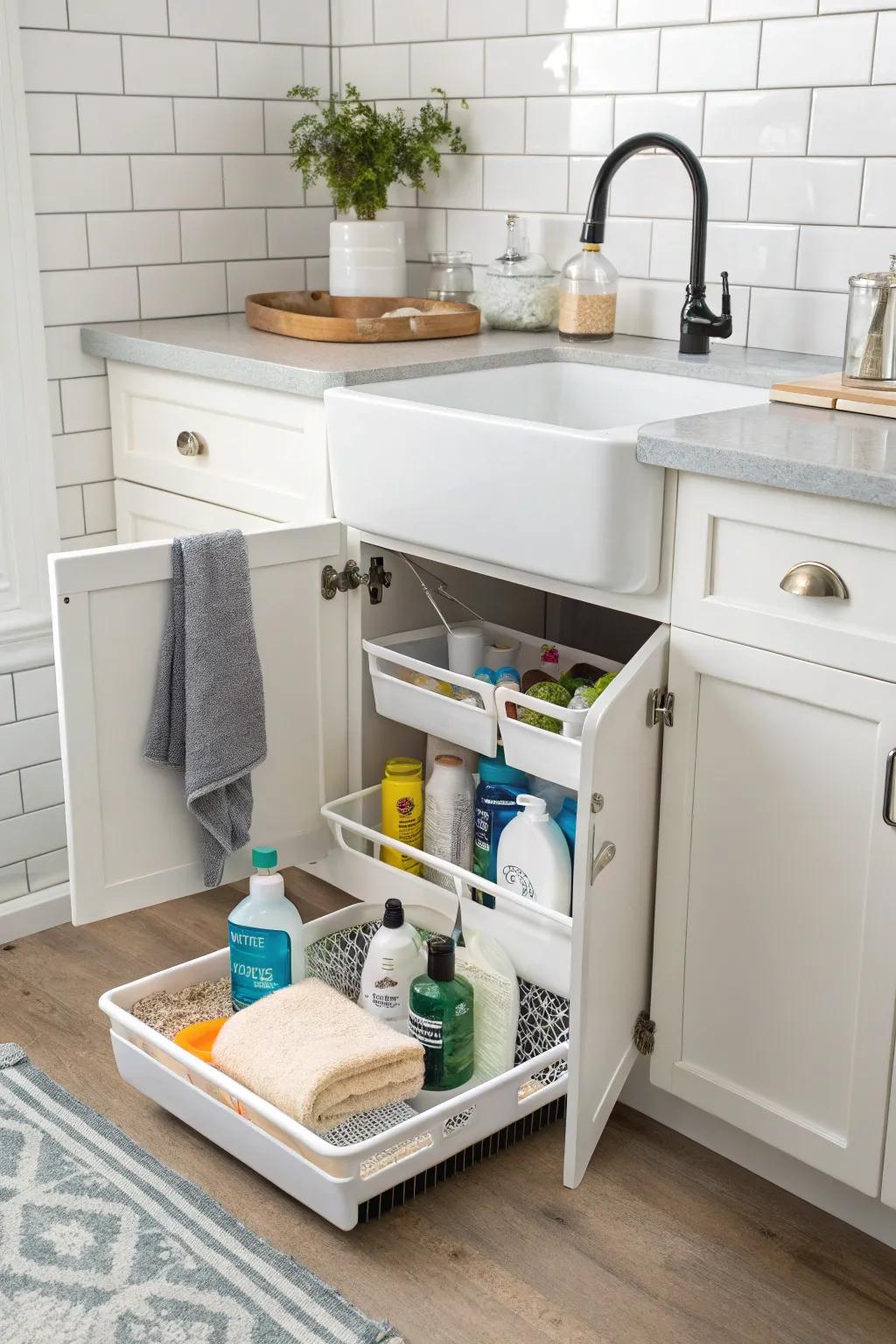 Under-sink organizers ensure must-haves are tucked away yet accessible.