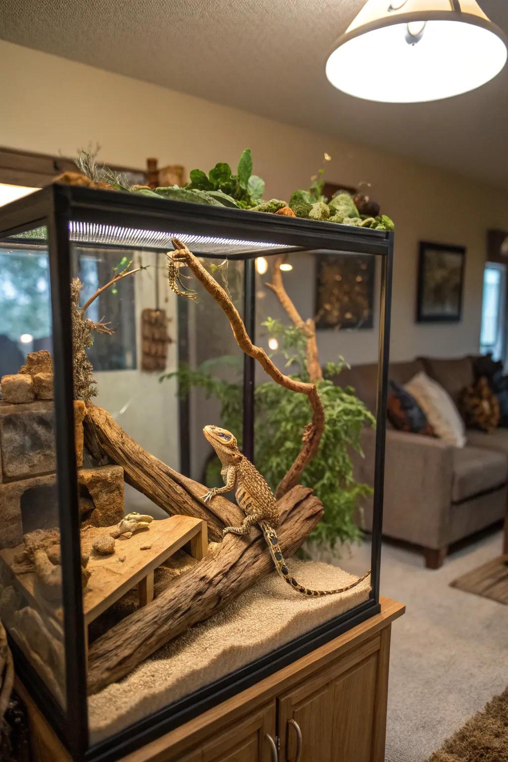 A habitat designed with a variety of climbing structures for a lively bearded dragon.