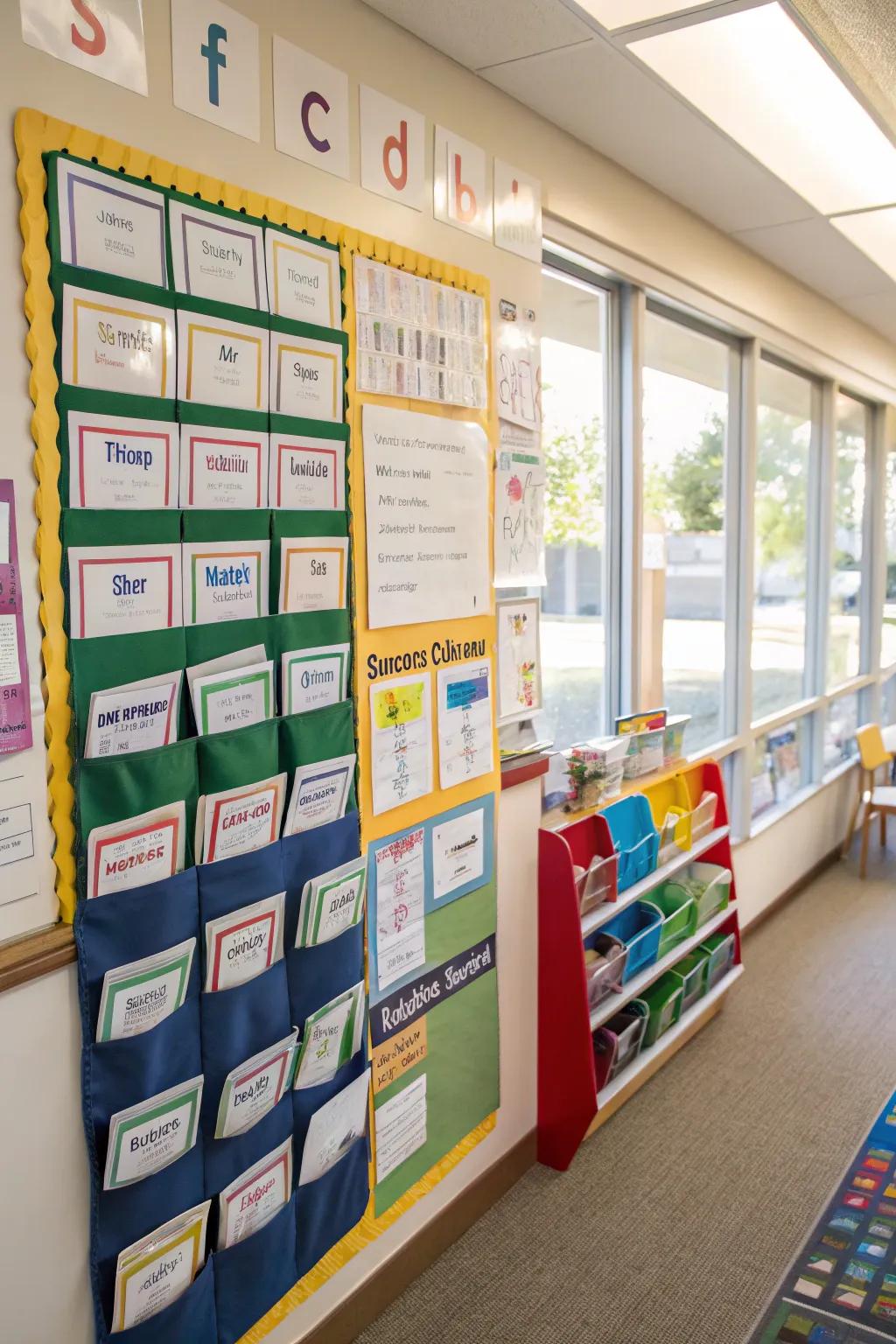 An interactive word wall using pouches and changeable features
