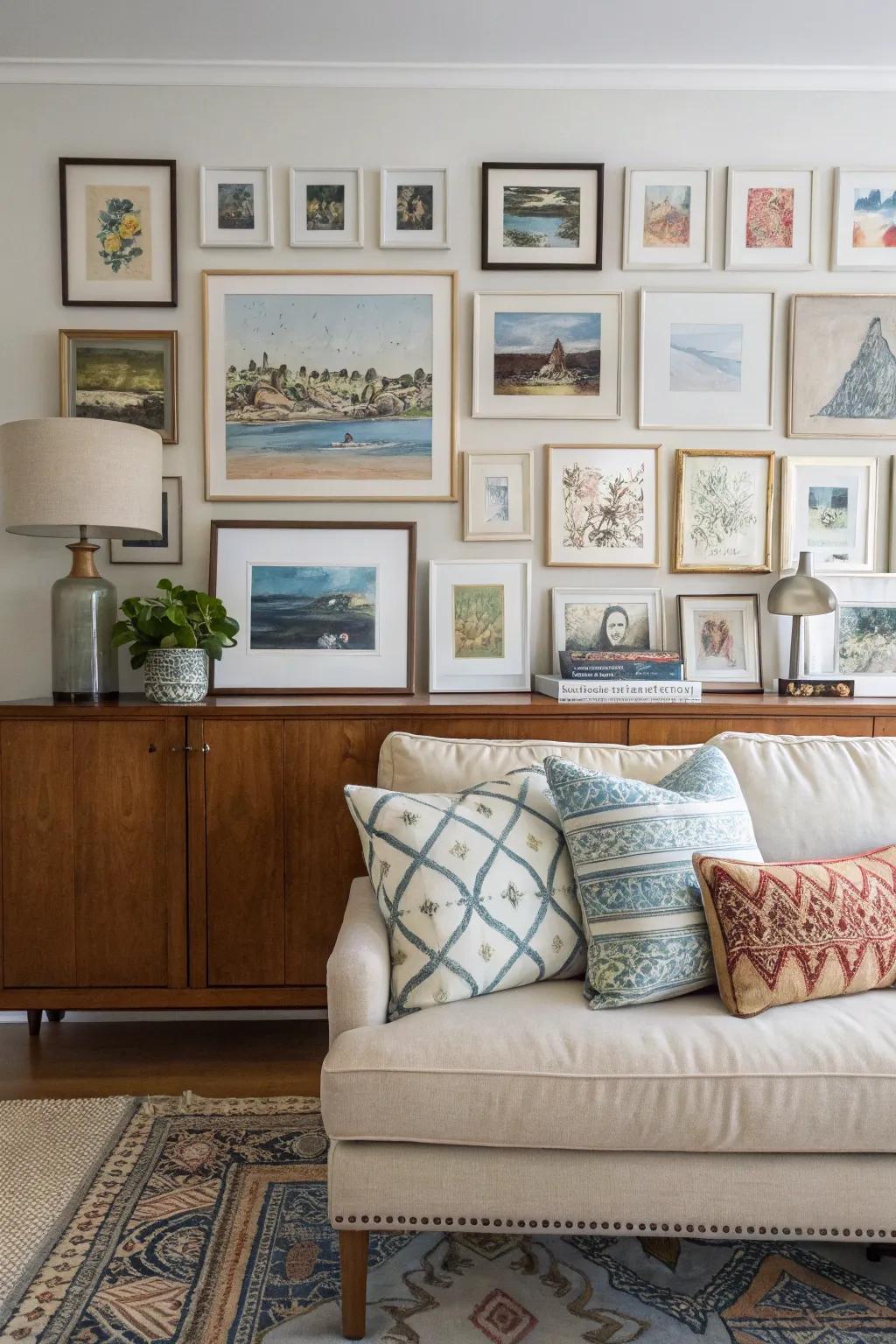 An art showcase on a sideboard adds individuality to the room.