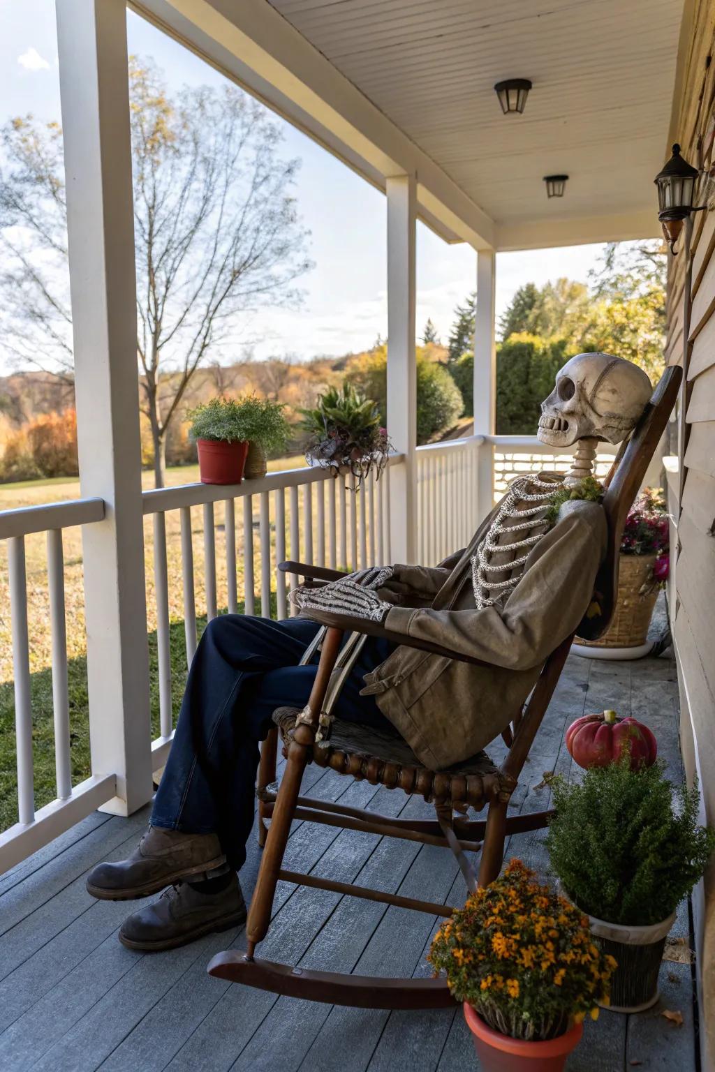 A skeletal greeter provides a humorous Halloween welcome.